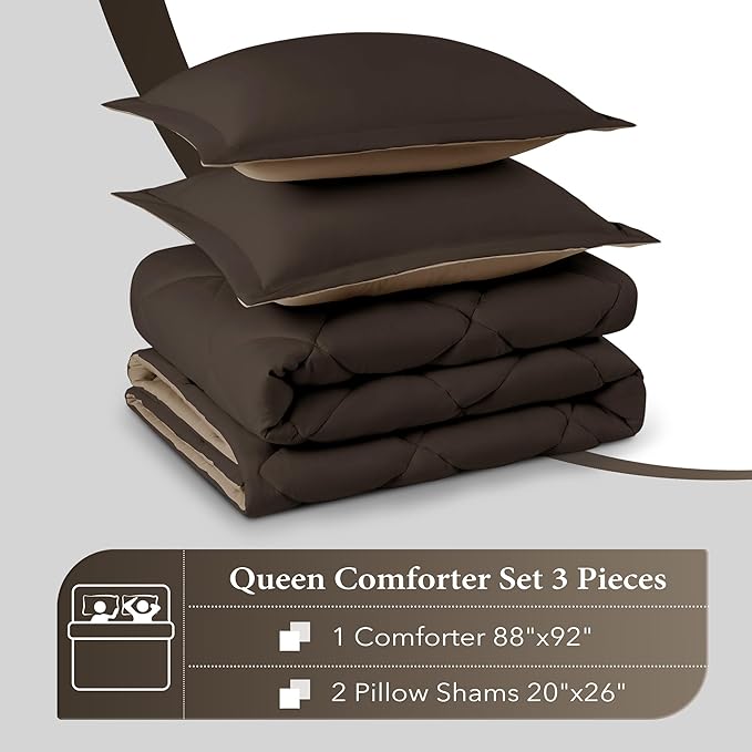 downluxe Queen Comforter Set - Brown and Tan Queen Comforter, Soft Bedding Sets for All Seasons -3 Pieces - 1 Comforter (88"x92") and 2 Pillow Shams(20"x26")