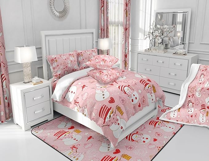 Cute Snowman Comforter Set Kids Queen Size,Cartoon Christmas Tree Bells and Snowflake Pattern Quilt Set Pink White Red Bedding Set for Girls Boys Woman Room Decor,Soft Winter Duvet Insert 3Pcs