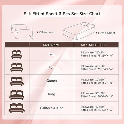 THXSILK 6A+ Top Grade 100% Pure Mulberry Silk Full Fitted Sheet 3Pcs Set Bed Sheets Luxury Bedding for Hair and Skin Breathable Safe Material, 1 Fitted Sheet with 2 Pillowcases, Charming Pink