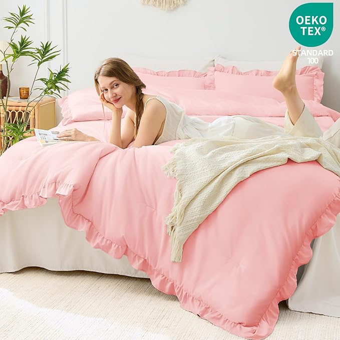 FUANNA Twin Comforter Set Pink, 2 Pieces Ruffle Twin Bed Set, Fluffy Twin Bedding Sets for All Seasons, Farmhouse Bed in a Bag with 1 Comforter & 1 Pillowsham