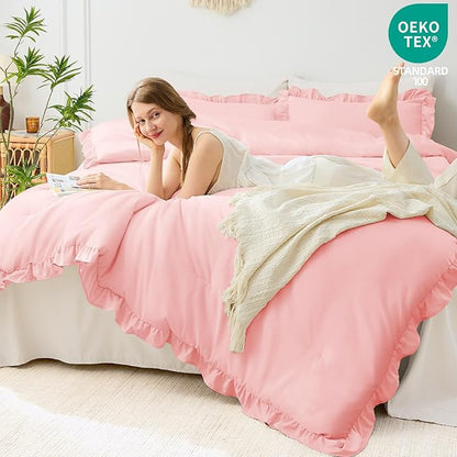 FUANNA Twin Comforter Set Pink, 2 Pieces Ruffle Twin Bed Set, Fluffy Twin Bedding Sets for All Seasons, Farmhouse Bed in a Bag with 1 Comforter & 1 Pillowsham