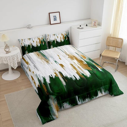 Erosebridal Dark Green Comforter King Watercolor Graffiti Bedding Set, Striped Oil Painting Down Comforter Aesthetic Modern Bed Set, Ombre Brush Marks Contemporary Quilted Duvet