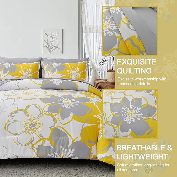 Anibedding Yellow Floral Comforter Set Full Size 7 Pieces Reversible Bed in a Bag with Sheets Set for All Season, Soft Microfiber Complete Bedding Set All Season (78''x90'')