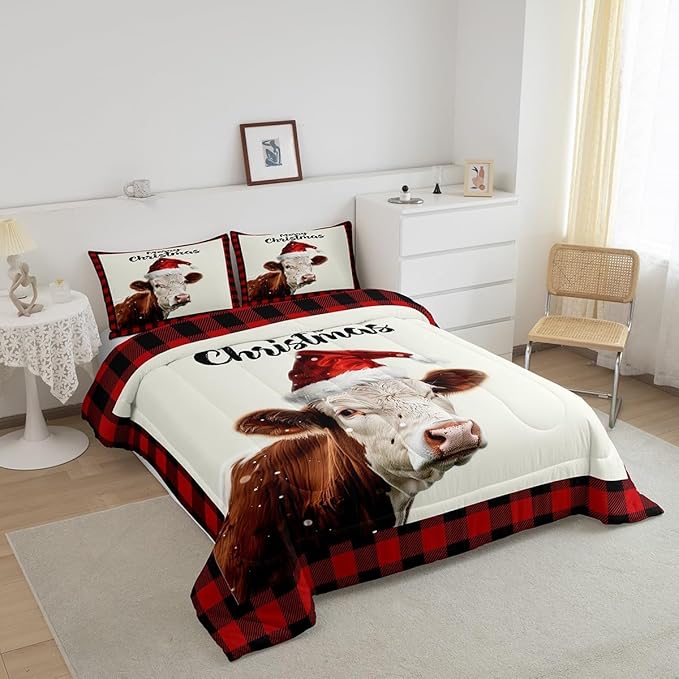 Christmas Farmhouse Boys Girls Comforter Set,Vintage Cabin Red Plaid Duvet Set for Room Decor,Xmas Cow Cattle Animal Brushed Microfiber Soft Quilt Cover,Full