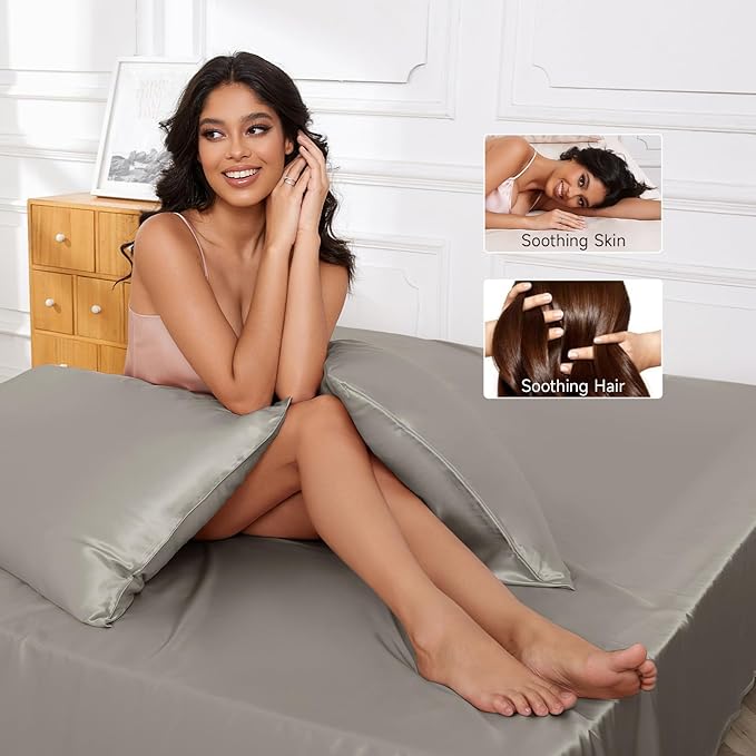 THXSILK Luxury Mulberry Silk Bed Sheets Set - 3pcs Silk Sheets Set 16" Deep Pocket - 1 Fitted Sheet, 1 Flat Sheet, 1 Pillowcase with Zipper Closure - Twin-XL, Grey