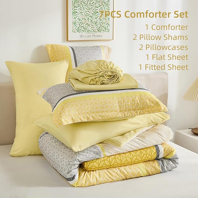 WONGS BEDDING Yellow Comforter Set Queen Size, 7 Pieces Striped Bed in a Bag Comforter and Sheet Set, Bohemian Soft Lightweight Micorfiber Bedding Set for All Seaon (90"×90")