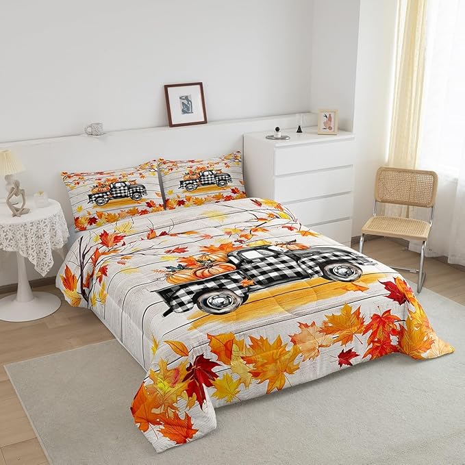 Fall Plaid Pumpkin Truck Bedding Set For Home Full,Rustic Farmhouse Barn Door Comforter Set Autumn Harvest Thanksgiving Comforter Gifts For Kids,Red Gold Watercolor Maple Leaf Retro Quilt Duvet 3 Pcs