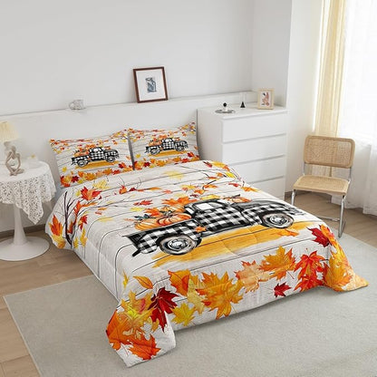Fall Plaid Pumpkin Truck Bedding Set For Home Full,Rustic Farmhouse Barn Door Comforter Set Autumn Harvest Thanksgiving Comforter Gifts For Kids,Red Gold Watercolor Maple Leaf Retro Quilt Duvet 3 Pcs