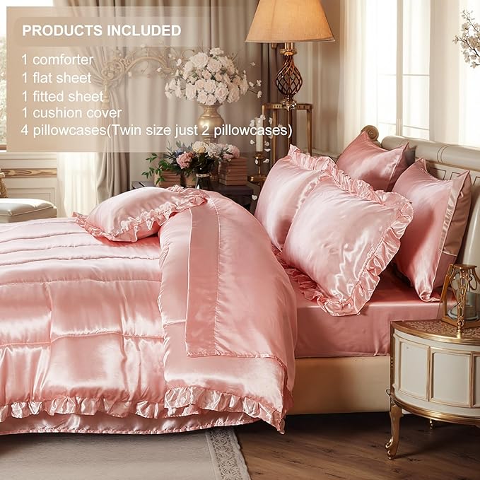 Satin Comforter Set with Sheet Set Queen 8 Pieces Silk Like Pink Bedding Set Silky Ruffle Pattern Luxury Silky Comforter Set with 1 Cushion Cover