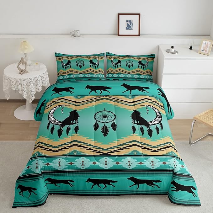 Erosebridal Wolf Bedding Set Moon Dream Catcher Quilt,Southwestern Native Ethnic Tribal Arrow Aztec Queen Comforter Set Western Boho Duvet Insert,Exotic Nordic Style Wild Animals Bohemian Decor,Green