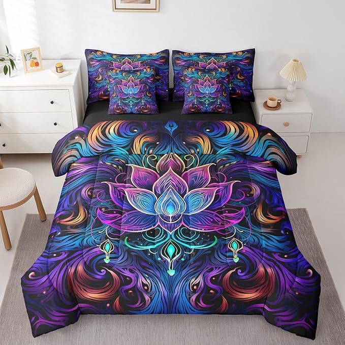 Erosebridal Lotus Bedding Comforter Sets Bohemian Theme Bed in a Bag Purple Gradient Bedding Set Tribal Paisley King Comforter Set 7-Piece Girls Flower Bed Sheets Set Navy Blue Floral Decor