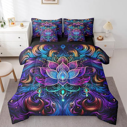 Erosebridal Lotus Bedding Comforter Sets Bohemian Theme Bed in a Bag Purple Gradient Bedding Set Tribal Paisley King Comforter Set 7-Piece Girls Flower Bed Sheets Set Navy Blue Floral Decor