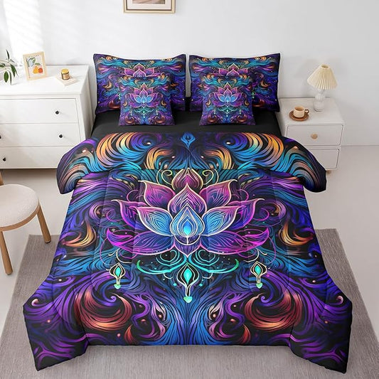 Erosebridal Lotus Bedding Comforter Sets Bohemian Theme Bed in a Bag Purple Gradient Bedding Set Tribal Paisley King Comforter Set 7-Piece Girls Flower Bed Sheets Set Navy Blue Floral Decor