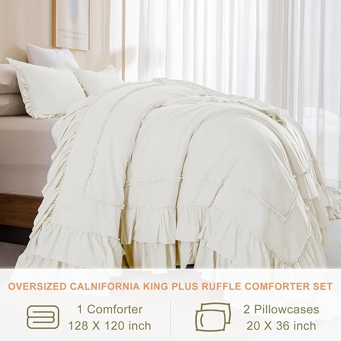 QSH Oversized King Ruffle Comforter 128x120,3PCs Ivory Farmhouse Lightweight Ruffled Bed Comforter Set Soft Microfiber Shabby Boho Chic California King Bed Comforter Set French Country Bedding