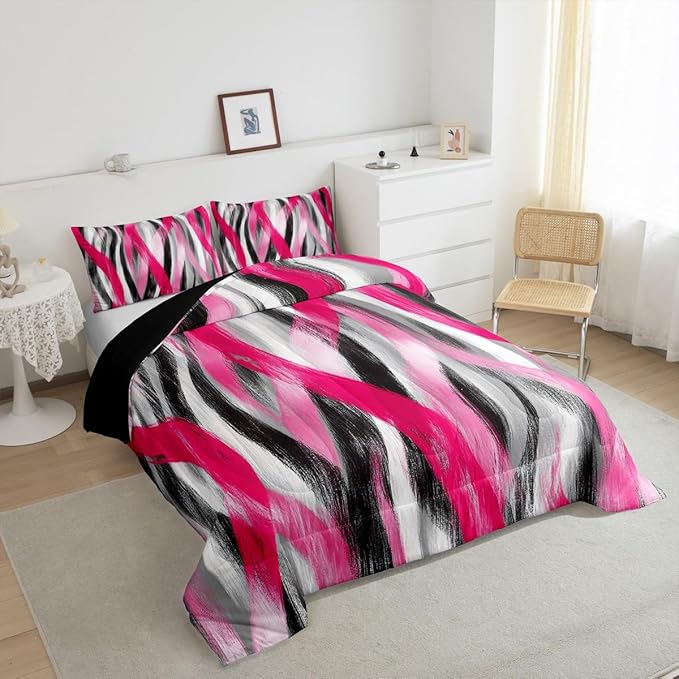 Erosebridal Geometric Stripes Comforter Queen Modern Abstract Comforter Set Grey Black Hot Pink Bedding Set for Kids Girls Teen Women Swirl Lines Quilt Duvet Room Decor 3 Pcs