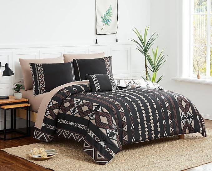 Geniospin Full Comforter Set - 7 Pieces Bed in a Bag, Comfortable Western Bedding Sets for All Seasons, Lightweight Soft Boho Comforter Bed Set with Sheets, Pillowcases & Shams