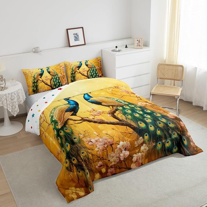Peacock Full Size Comforter Sets for Kids Boys Girls,Elegant Colorful Birds Bedding Sets Youth Men Bedroom Decor,Romantic Cherry Tree 3 Pieces Quilt Set,Exotic Feather Duvet Insert,Soft Fluffy