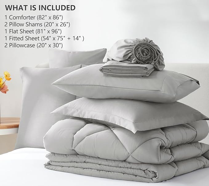 CozyLux Full Size Comforter Sets Light Grey - 7 Pieces Bed in a Bag Full, Luxury Soft Bed Set for All Seasons, Bedding Set with Down Alternative Comforter, Sheets, Pillowcases & Shams