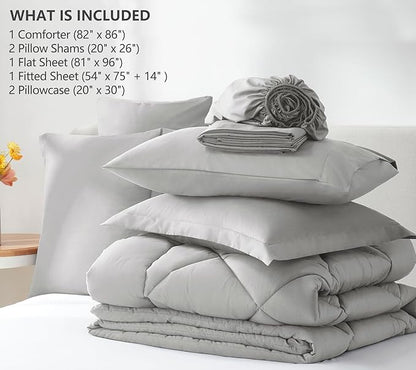 CozyLux Full Size Comforter Sets Light Grey - 7 Pieces Bed in a Bag Full, Luxury Soft Bed Set for All Seasons, Bedding Set with Down Alternative Comforter, Sheets, Pillowcases & Shams