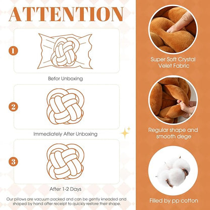 2 Pcs Knot Pillow Balls Set, 12 Inch Soft Decorative Throw Knot Pillow Ball, Large Square Knotted Floor Cushion for Living Room Bedroom Sofa Couch Bed Home Decoration(Caramel Brown)
