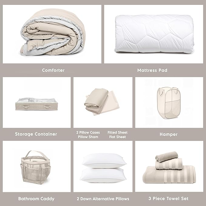 Hearth & Harbor Complete Dorm Room Set, Twin XL Comforter Set, Sheet Set, Pillows, Mattress Protector, Towels and Organizers - All Dorm Accessories Included