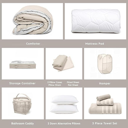 Hearth & Harbor Complete Dorm Room Set, Twin XL Comforter Set, Sheet Set, Pillows, Mattress Protector, Towels and Organizers - All Dorm Accessories Included