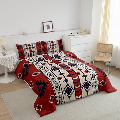Erosebridal Western Boho Bedding Sets Toddler Vintage Red Brown Aztec Quilt Set American Native Southwestern Comforter Set for Boys Adults Men,Southwest Ethnic Tribal Geometric Diamond Bed Duvet Set