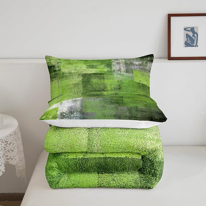 Summer Watercolor Comforter Set for Kids Boys Girls,Green Grey Bedding Set Full,Mid Century Bedding Comforter Sets,Abstract Oil Painting Ombre Art Duvet Insert with 2 Pillowcases All Season