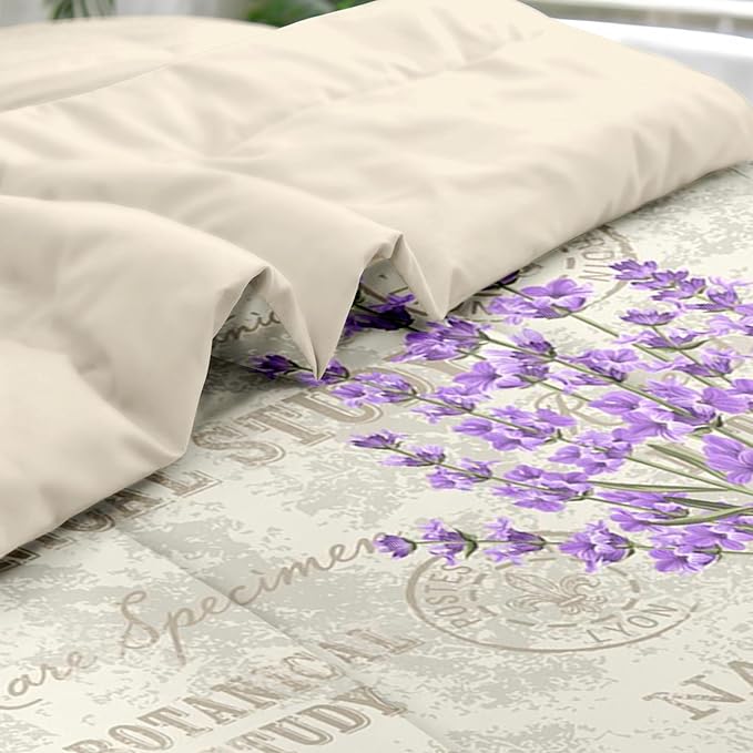 Comforter Set Twin Size, Vintage Lavender Flower 5 Pcs Bedding for Kids and Adults, Retro Botanical Plant Bed Sheet Sets with Fitted Sheet Pillowcase & Sham for Bedroom Bed Decor