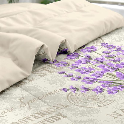 Comforter Set Twin Size, Vintage Lavender Flower 5 Pcs Bedding for Kids and Adults, Retro Botanical Plant Bed Sheet Sets with Fitted Sheet Pillowcase & Sham for Bedroom Bed Decor