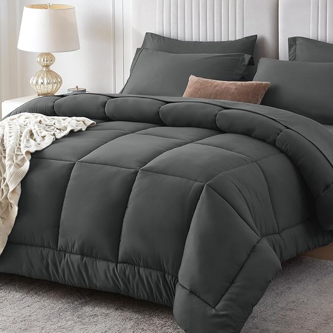 Sasttie Twin XL Comforter Set, 5 Pieces Twin XL Bed in a Bag, Complete Bedding Set Includes Grey Comforter, Flat Sheet, Fitted Sheet, Pillowcase and Pillow Sham, Dark Grey
