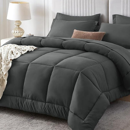 Sasttie Twin XL Comforter Set, 5 Pieces Twin XL Bed in a Bag, Complete Bedding Set Includes Grey Comforter, Flat Sheet, Fitted Sheet, Pillowcase and Pillow Sham, Dark Grey