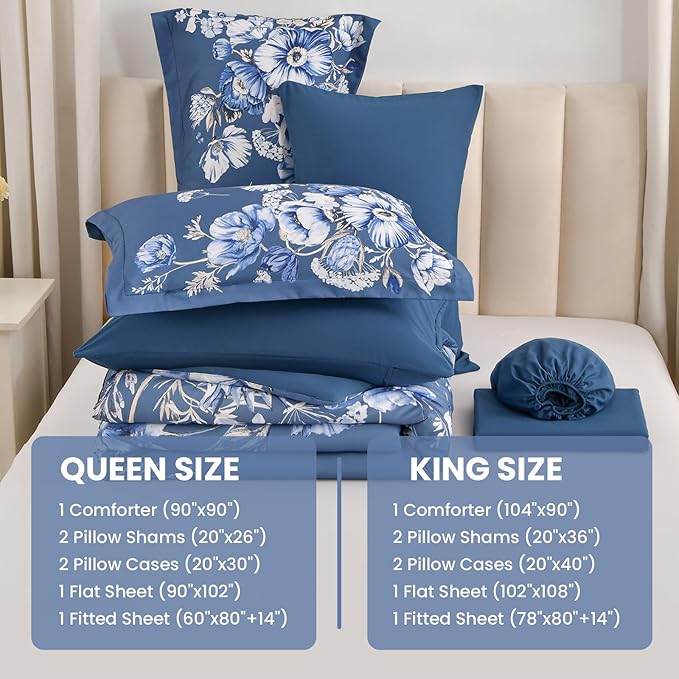 Queen Comforter Set - 7 Pieces Bed in a Bag Blue Floral Queen Comforter Set with Sheets, Soft Microfiber Flower Complete Bedding Set for All Seasons（Blue,90"x90"）