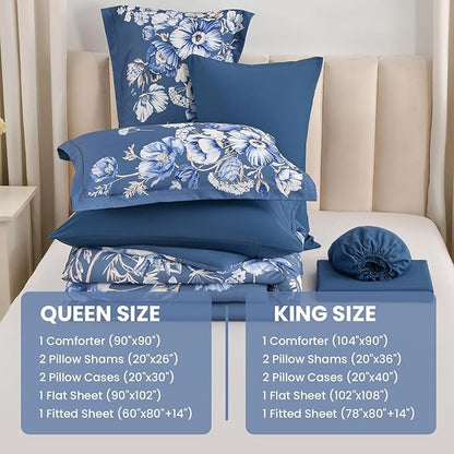 Queen Comforter Set - 7 Pieces Bed in a Bag Blue Floral Queen Comforter Set with Sheets, Soft Microfiber Flower Complete Bedding Set for All Seasons（Blue,90"x90"）