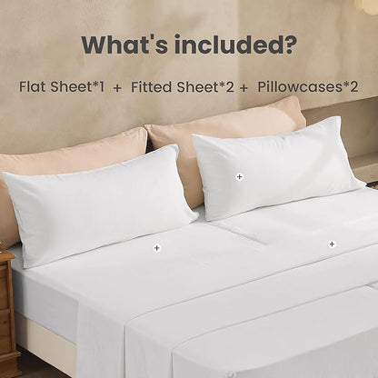 Simple&Opulence Belgian Linen Sheet Set Solid Color - 5 Pieces (1 Flat Sheet, 2 Fitted Sheets & 2 Pillowcases) Natural Flax Cotton Blend Soft Breathable Farmhouse Bedding - Split King Size, White