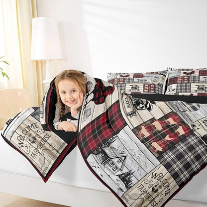 Rustic Farm Animal Comforter Set Retro Buffalo Plaid Farmhouse Cabin Bedding Sets King Country Sheep Chicken Cow Print Comforter For Lodge,Patchwork Grid Windmill Quilt Set Red Black Grey 3 Pcs