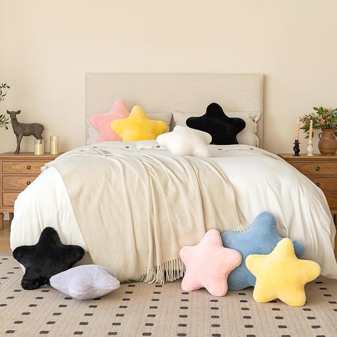 Star Pillow, Decorative Throw Pillow with Plush for Couch, Cute Decor Pillows for Bed, Aesthetic Star Shaped Pillow Fun Cushion for Sofa Living Room (Black, 14.9 Inches)