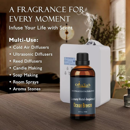 Hotel Diffuser Oil Inspired by Iconic Luxury Hotel Ocean Breeze Edition Scent, OliveTech Aromatherapy Fragrance Oil for Cold Air & Ultrasonic Diffusers, 100ml / 3.38 ft oz Glass Bottle