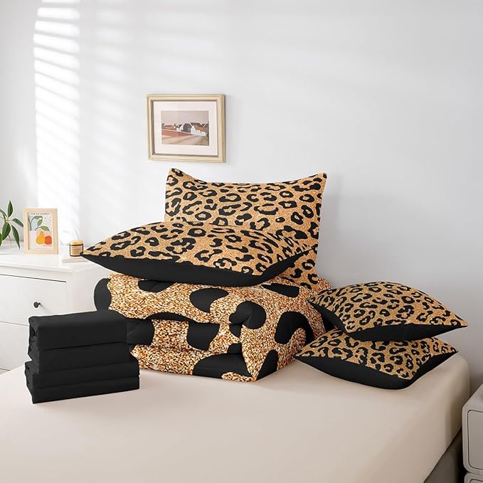 Leopard Print 7 Pieces Comforter Set,Cheetah Wildlife Skin Bedding Set for Room Decor King,Yellow Black Cheetah Print Comforter for Boys Girls Super Soft Fade Resistant Microfiber Bedding