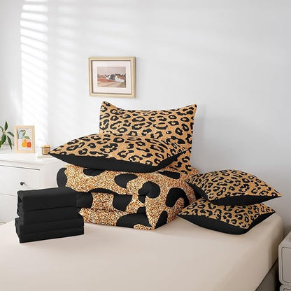 Leopard Print 7 Pieces Comforter Set,Cheetah Wildlife Skin Bedding Set Full Size for Room Decor,Yellow Black Cheetah Print Comforter for Boys Girls Super Soft Fade Resistant Microfiber Bedding