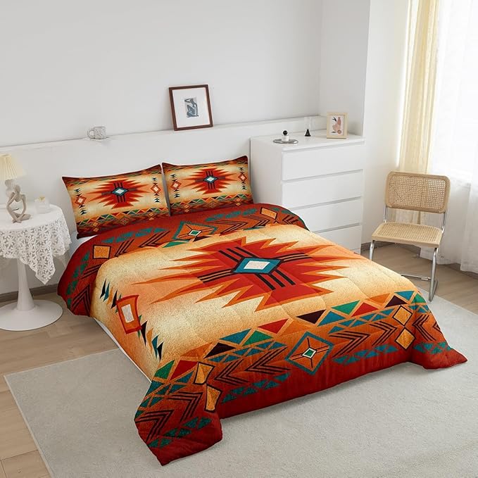 Western Bedding Set Twin Size,Southwest Comforter Set for Kids Teens Women Men,Aztec Tribal Bohemian Quilt Set 2Pcs Vintage Geometric Striped Orange Red Rustic Duvet Insert Bedroom Decor
