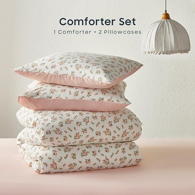 Wake In Cloud - Floral Comforter Set, Coquette Cottagecore Aesthetic Flower Shabby Chic Pattern for Women Teen Girls, Soft Lightweight Bedding, 3 Pieces, Peach Blush, Twin/Twin XL Size