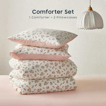 Wake In Cloud - Floral Comforter Set, Coquette Cottagecore Aesthetic Flower Shabby Chic Pattern for Women Teen Girls, Soft Lightweight Bedding, 3 Pieces, Peach Blush, Twin/Twin XL Size