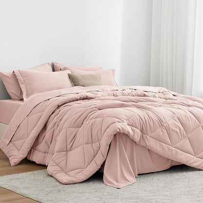 Love's cabin King Size Comforter Set Pink, 7 Pieces King Bed in a Bag, All Season Bedding Sets with 1 Comforter, 1 Flat Sheet, 1 Fitted Sheet, 2 Pillowcase and 2 Pillow Sham