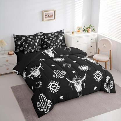 Erosebridal Western Bull Skull Bedding Set Queen Boho Aztec Comforter Set 7 Piece Vintage Tribal Exotic Ethnic Bed in A Bag for Kids Adults Bohemian Geometric Cactus Quilt with Flat Fitted Sheet