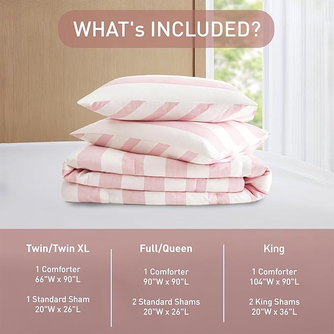 Reversible Striped King Comforter Set, Soft Microfiber Bedding Set with Double-Sided Stripes Design, Warm & Cozy for All-Seasons, 3-Piece Comforter and Shams Set King Size, Blush