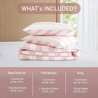 Reversible Striped Queen Comforter Set, Soft Microfiber Bedding Set with Double-Sided Stripes Design, Warm & Cozy for All-Seasons, 3-Piece Comforter and Shams Set Queen Size, Blush