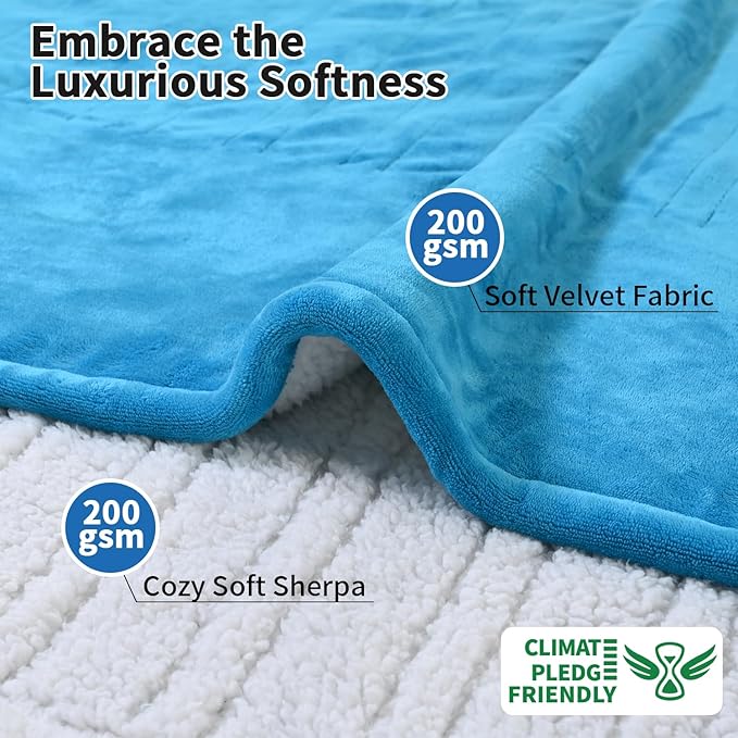 Heated Electric Blankets - Soft Flannel Heating Throw Electric Blanket with 6 Heat Settings Twin Size 62" × 84" Teal - Velvet & Sherpa
