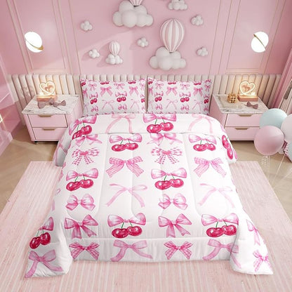 Erosebridal Pink Plaid Bow Bedding Comforter Sets King Cute Bowknot Comforter Set Girls Grids Ribbon Bow Cherry Bedding Set Kawaii Watercolor Duvet Insert for Kids Teen Women Room Decor 3 Pcs
