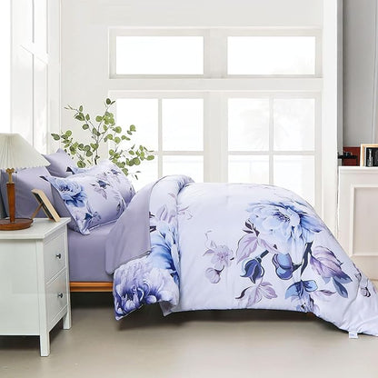 Drucon Purple Floral Comforter Set Queen, 7 Pieces Bed in a Bag Botanical Floral Comforter Soft Microfiber Purple Bedding Set Queen Size Bed with Sheet and Pillowcase